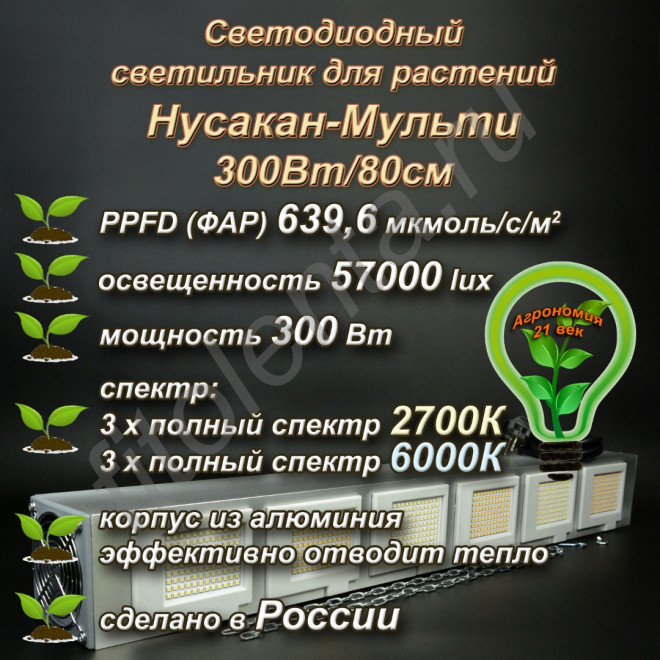 300Вт "Нусакан-Мульти" Мультиспектральный фитосветильник для растений полного спектра