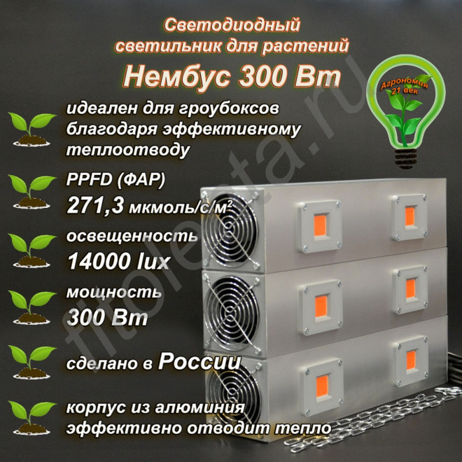 300Вт "Нембус" Светильник светодиодный полного спектра для гроубоксов и теплиц 300Вт, 40 см 300Вт "Нембус" Светильник светодиодный полного спектра для гроубоксов и теплиц 300Вт, 40 см